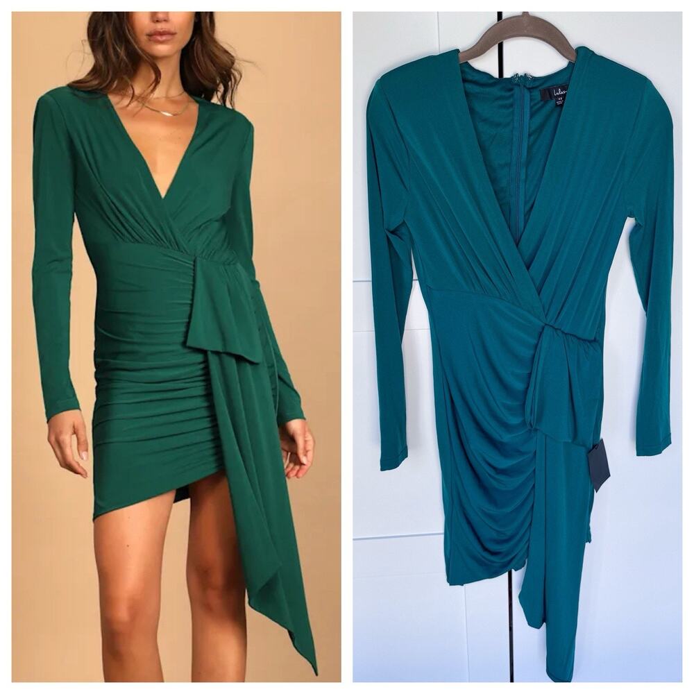Lulus Green Ruched Long Sleeve Bodycon Dress Womens XS, Formal, Holiday. $59